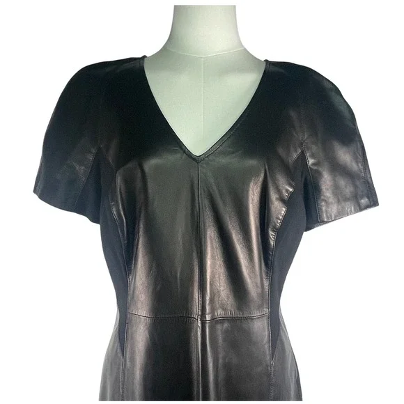 Antonio Melani leather v-neck stretchy black dress, sz 12 sleek, nylon sides - Picture 3 of 11